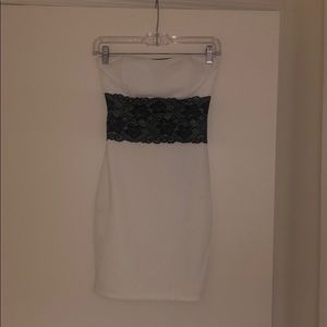 White and black strapless mini dress.